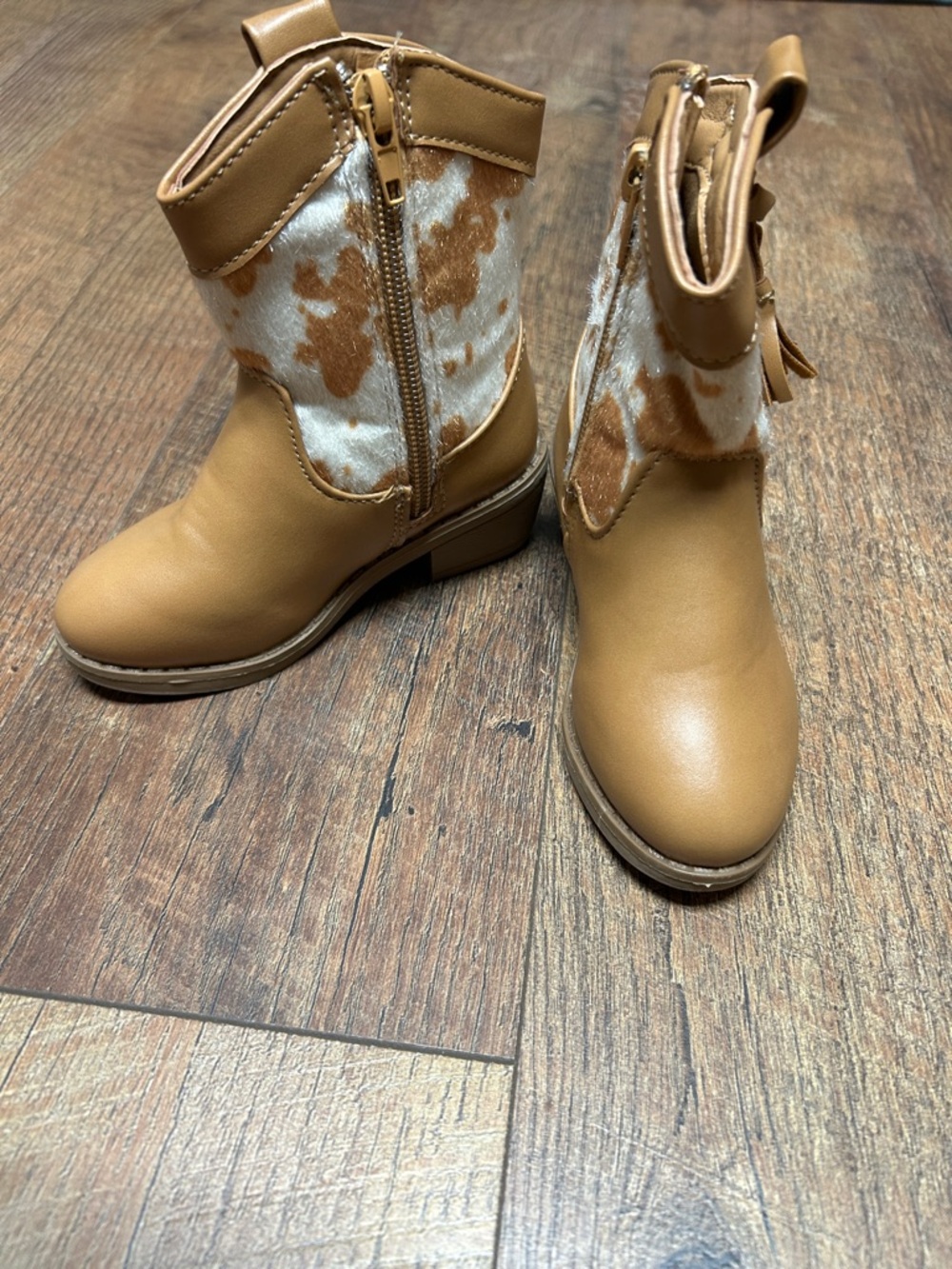 Kids Tan Cowhide Western Boots with Side Zip